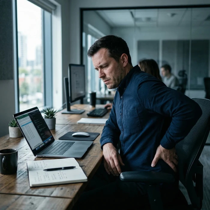 Man working at desk with back pain